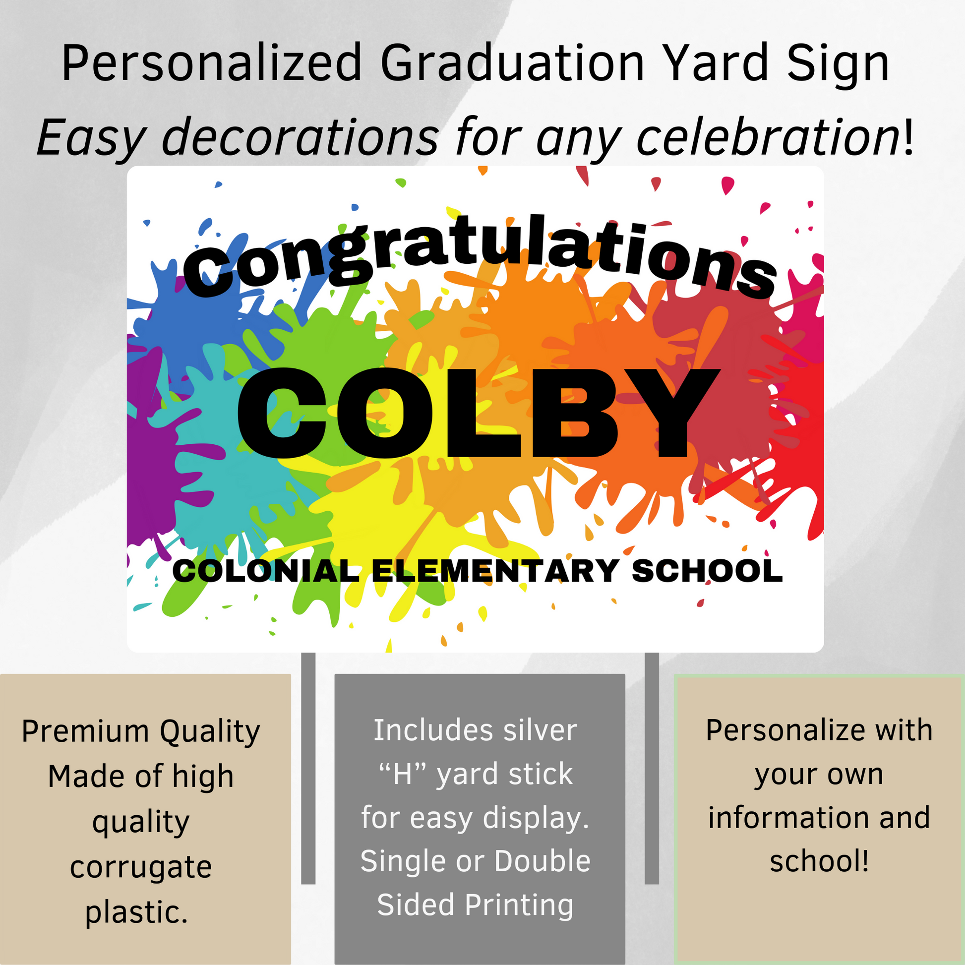 Personalized Graduation Yard Sign. Easy decoration for any celebration. Made of high quality corrugate plastic and easy to personalize. Includes metal "H" yard stick.