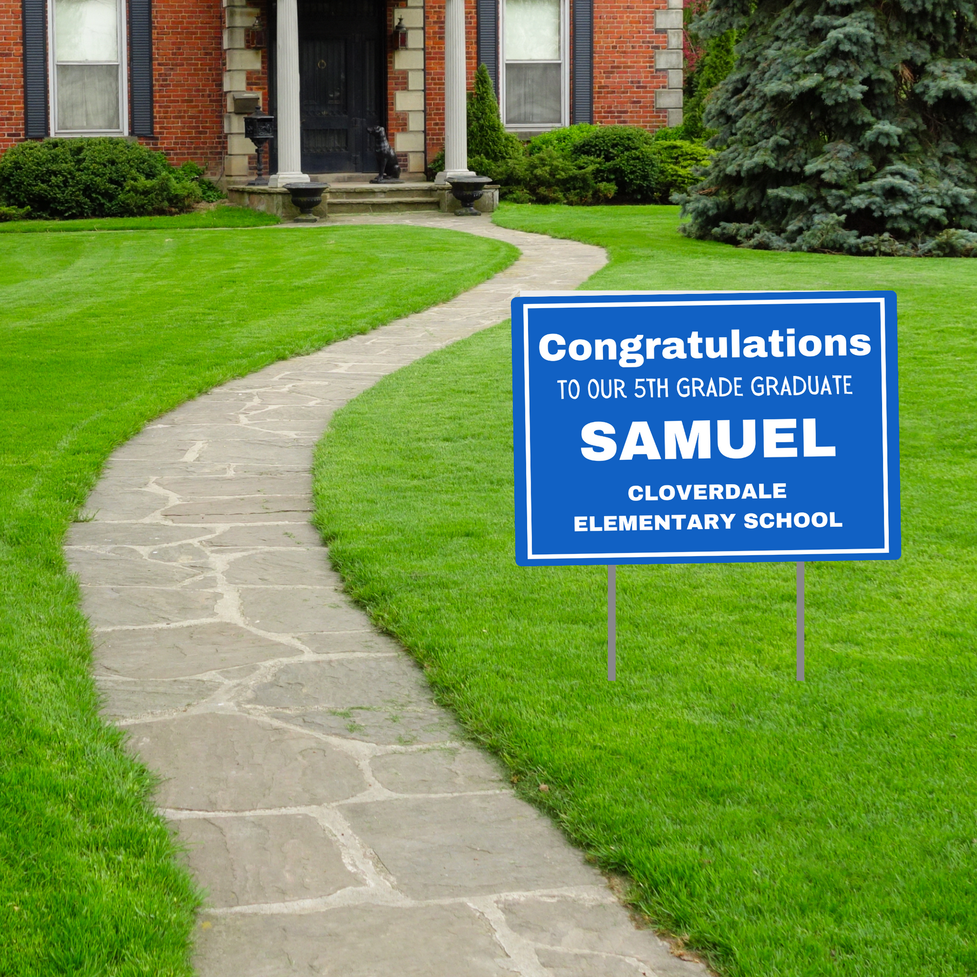 Celebrate your graduate's achievements with custom-designed graduation yard signs! Personalize every detail for a unique touch. Order now! Blue Sign