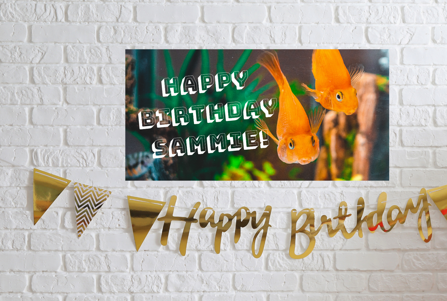 Customizable Goldfish Banners  These waterproof, reusable goldfish banners are the perfect way to add a splash of color to your birthday party! They're easy to install and come in a variety of colors.  Just add your text, and you're done!  Whether you want a banner that matches your party's theme or just something cute to hang up during the celebration, these customizable goldfish banners are sure to bring smiles all around.