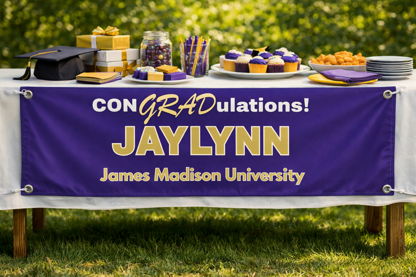Party table edge — purple & gold banner draped over a decorated graduation table