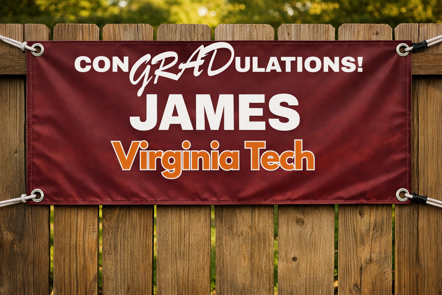 Wooden fence shot with the banner, grommets, and rope against the weathered wood. ConGRADulations James Virginia Tech in Maroon and Burnt Orange