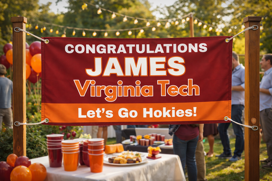 Personalized Virginia Tech graduation banner in Hokie Maroon & Burnt Orange. Custom name, durable vinyl, grommets included. Perfect for parties, fences & tailgates!